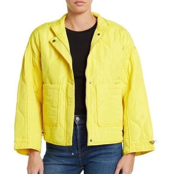 Womens Lucky Brand Neon Yellow Boxy Quilt Jacket Zip Size Large Pockets 6865 EUC - Picture 1 of 14